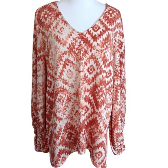 BEESON RIVER Sweater Top Plus 2X Light V-Neck Southwestern Aztec‎ Rust Orange - Picture 8 of 9